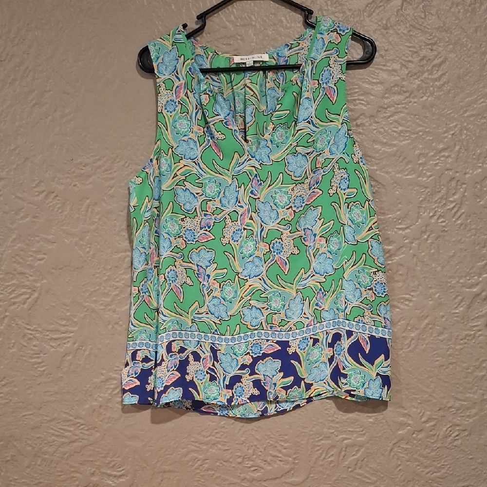 Rose & Olive Sleeveless Green and Blue Tank Top